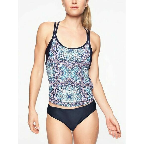 Athleta Monaco Blousy Tankini Swim Top Underwire Bra Blue Red 36D/DD - Picture 1 of 7